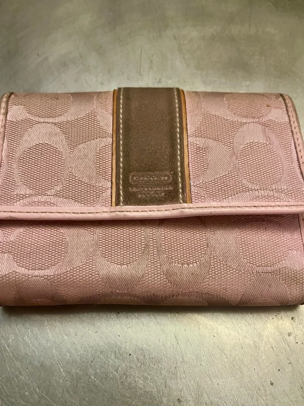 Coach Pink Signature Canvas Continental Wallet with Brown Center Trim